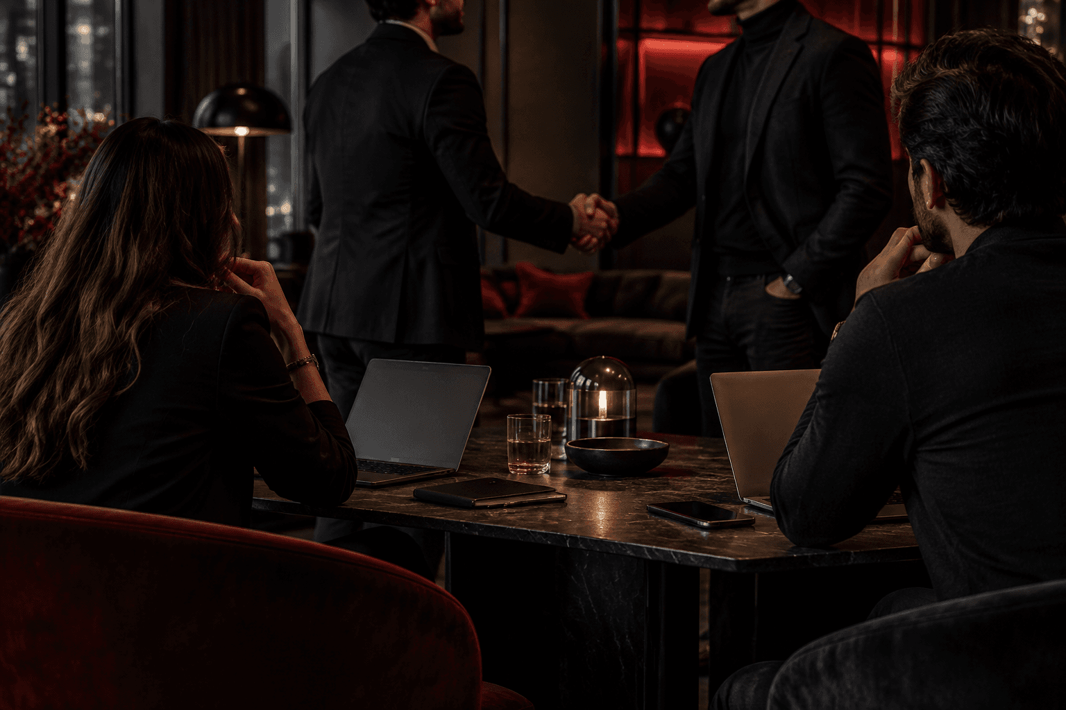 Professionals shaking hands in a dark lounge while colleagues work on laptops at a marble table